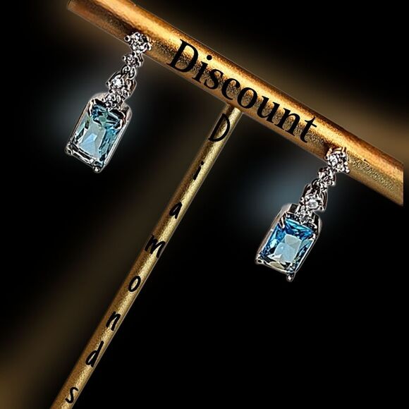 Sky Blue Zircon & White Baguette Diamond Dangle Earrings on 925 Silver - Picture 1 of 10